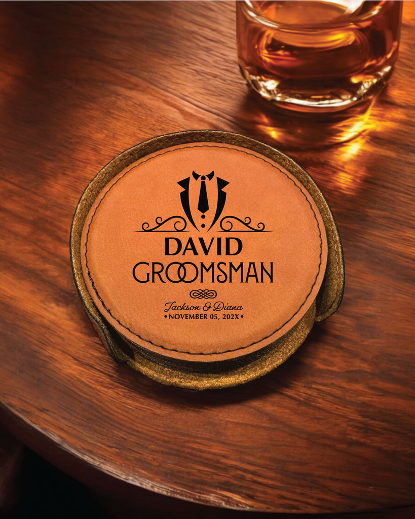 The David Personalized Round Leather Coaster Set 6pc