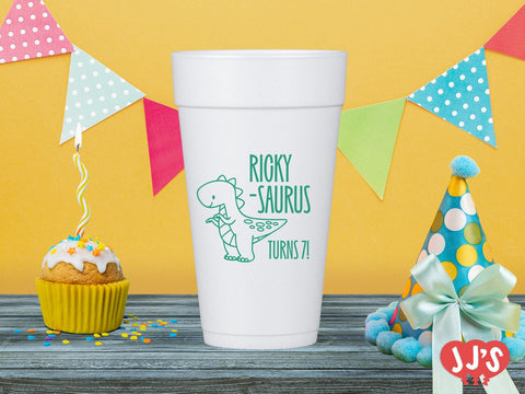 Birthday Saurus Dinosaur Birthday Party Custom Foam Cups - JJ's Party House - Custom Frosted Cups and Napkins