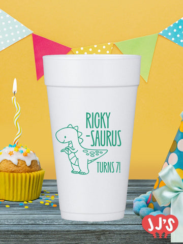 Birthday Saurus Dinosaur Birthday Party Custom Foam Cups - JJ's Party House - Custom Frosted Cups and Napkins