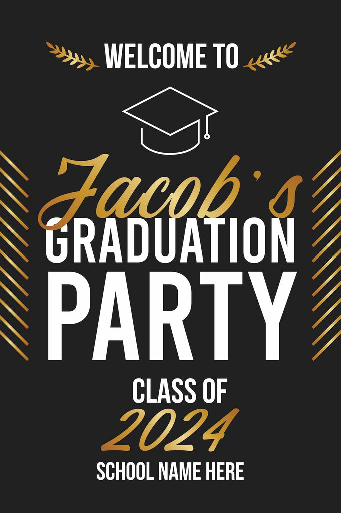 Black and Gold Graduation Party Welcome Sign - JJ's Party House - Custom Frosted Cups and Napkins