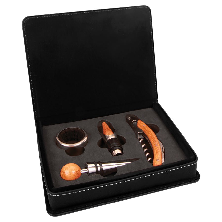 Black and Silver Laserable Leatherette 4-Piece Wine Tool Set - JJ's Party House