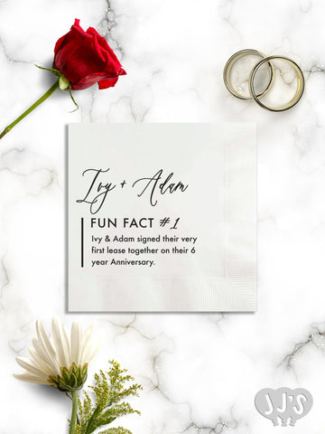 Calligraphy Fun Fact Wedding Napkins - JJ's Party House - Custom Frosted Cups and Napkins