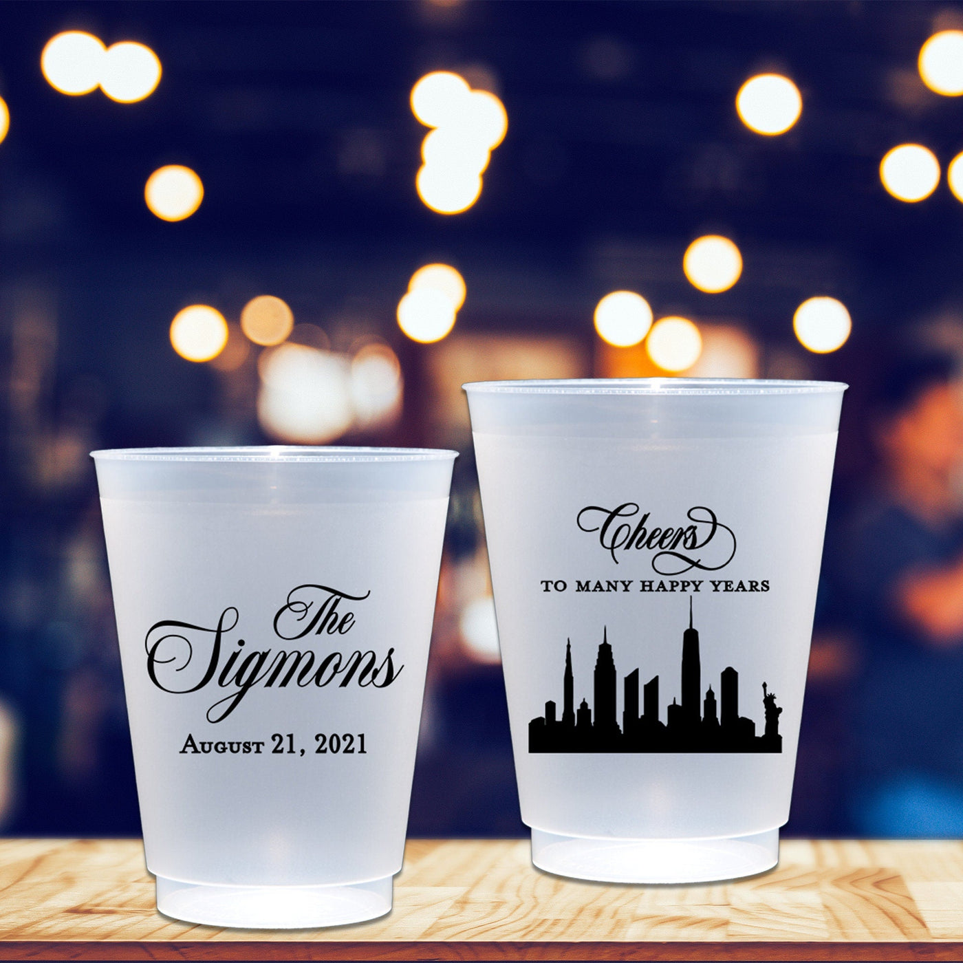 Cheers to Many Happy Years New York City Skyline Wedding Design Frosted Shatterproof Personalized Wedding Plastic Cups - JJ's Party House