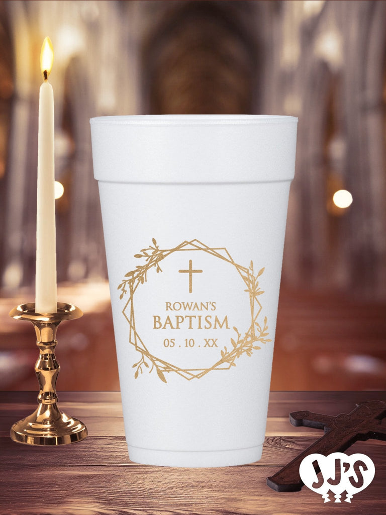 Cross in Wreath Baptism Personalized Foam Cups - JJ's Party House