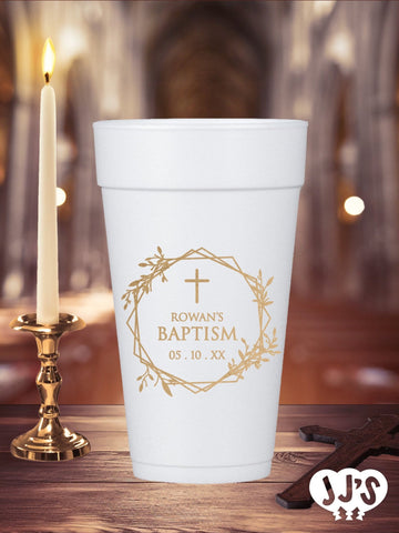 Cross in Wreath Baptism Personalized Foam Cups - JJ's Party House