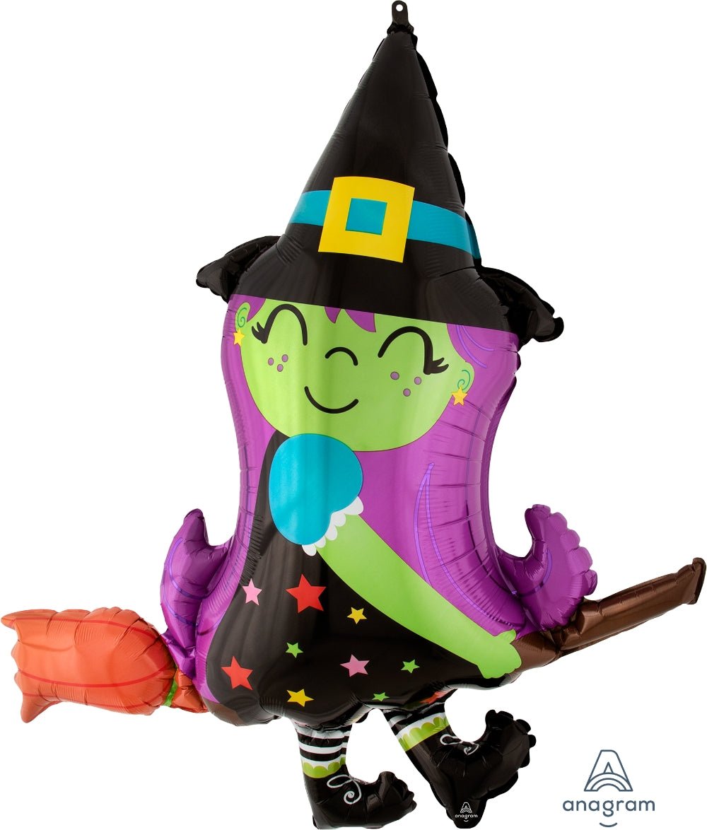 Cute Witch on Broom Jumbo Balloon 38" - JJ's Party House