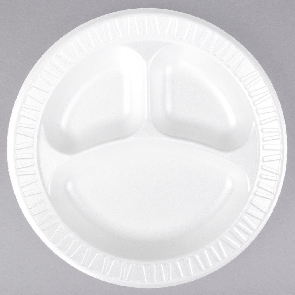 Dart 10CPWCR 10 1/4" 3 Compartment White Round Foam Plate - 125/Pack - JJ's Party House