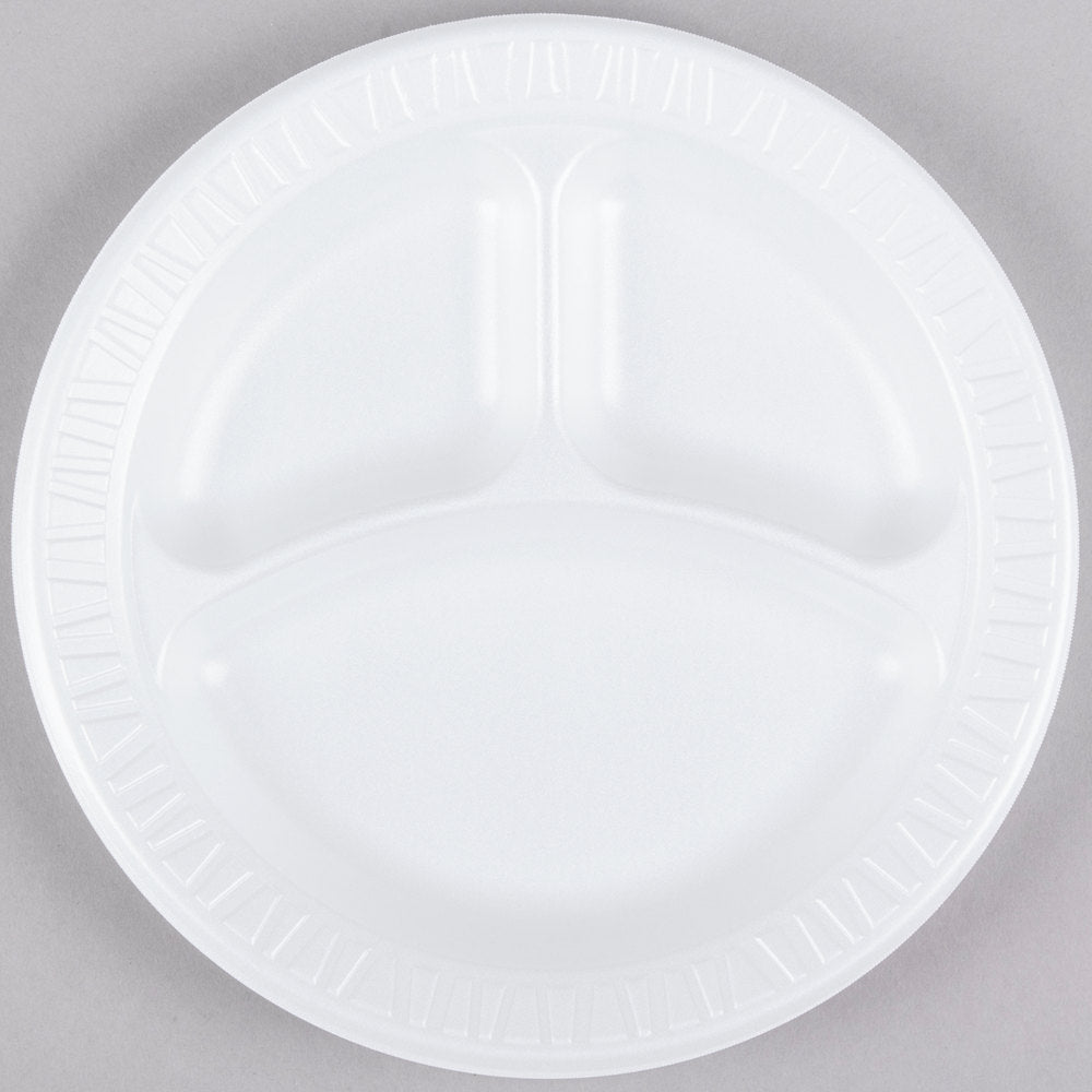 Dart 9CPWC 9" 3 Compartment White Round Foam Plate - 125/pack - JJ's Party House