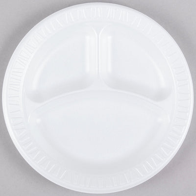 Dart 9CPWC 9" 3 Compartment White Round Foam Plate - 125/pack - JJ's Party House