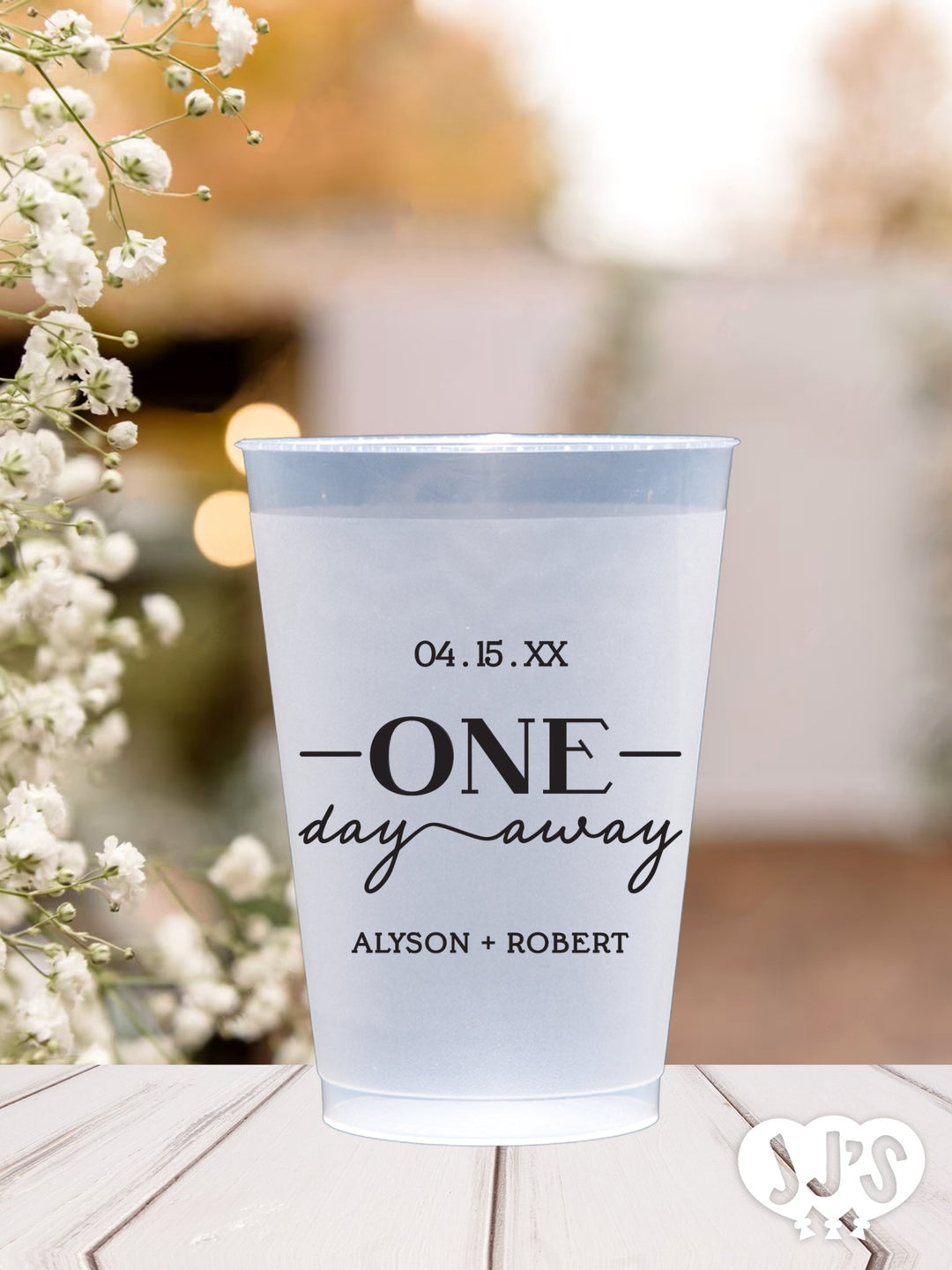 One Day Away Horizontal Band Rehearsal Dinner Personalized Frosted Plastic Cups - JJ's Party House