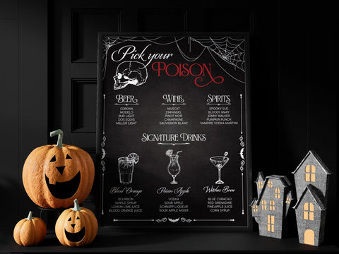 Pick Your Poison Webbed Halloween Drinks Sign - JJ's Party House