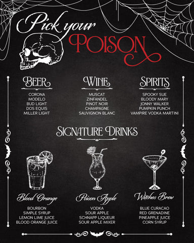 Pick Your Poison Webbed Halloween Drinks Sign - JJ's Party House