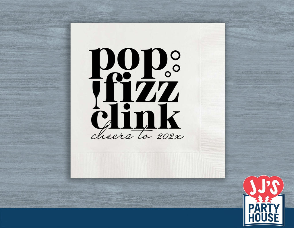 Pop Fizz Clink Cheers to 2024 Personalized NYE Party Napkins - JJ's Party House