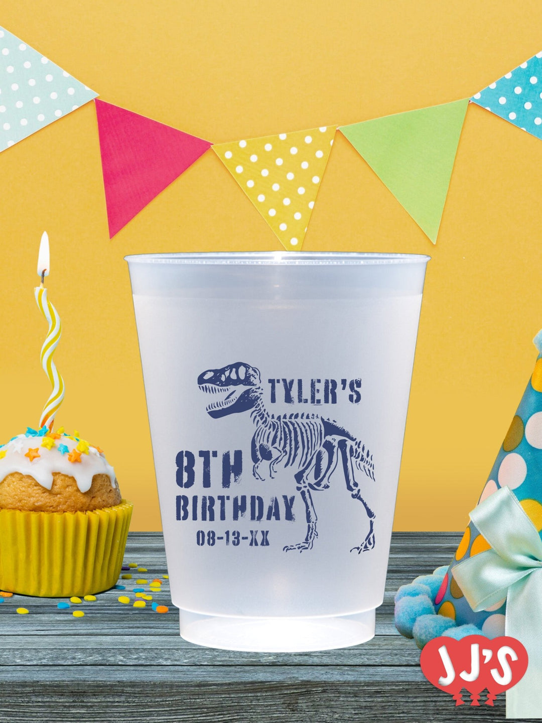 Roar-Some Adventure Dinosaur Birthday Custom Plastic Cups from JJ's Party House in McAllen, Texas. Featuring a friendly dinosaur on an adventure, these customizable cups are perfect for Dinosaur first birthday party supplies and will be a hit with your little explorer's guests. Personalize them with your child's name and age for a unique party favor that's built to last.