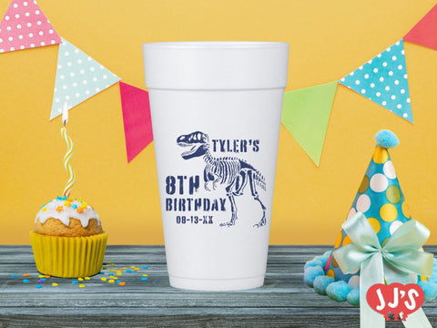 Roar Some Adventure Dinosaur Birthday Party Custom Foam Cups from JJ's Party House in McAllen, Texas. Featuring a friendly dinosaur on an adventure, these customizable foam cups are perfect for Dinosaur first birthday party supplies and will be a hit with your little explorer's guests. Personalize them with your child's name and age for a unique party favor that keeps drinks cool.