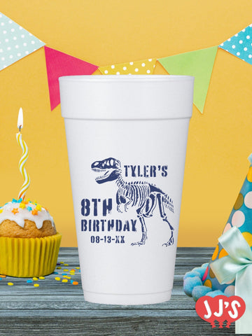 Roar Some Adventure Dinosaur Birthday Party Custom Foam Cups from JJ's Party House in McAllen, Texas. Featuring a friendly dinosaur on an adventure, these customizable foam cups are perfect for Dinosaur first birthday party supplies and will be a hit with your little explorer's guests. Personalize them with your child's name and age for a unique party favor that keeps drinks cool.