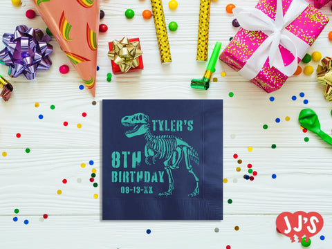 Roar-Some Adventure Personalized Dinosaur Birthday Napkins from JJ's Party House in McAllen, Texas. Featuring a friendly dinosaur on an adventure, these personalized napkins are perfect for Dinosaur first birthday party supplies and will be a hit with your little explorer's guests.