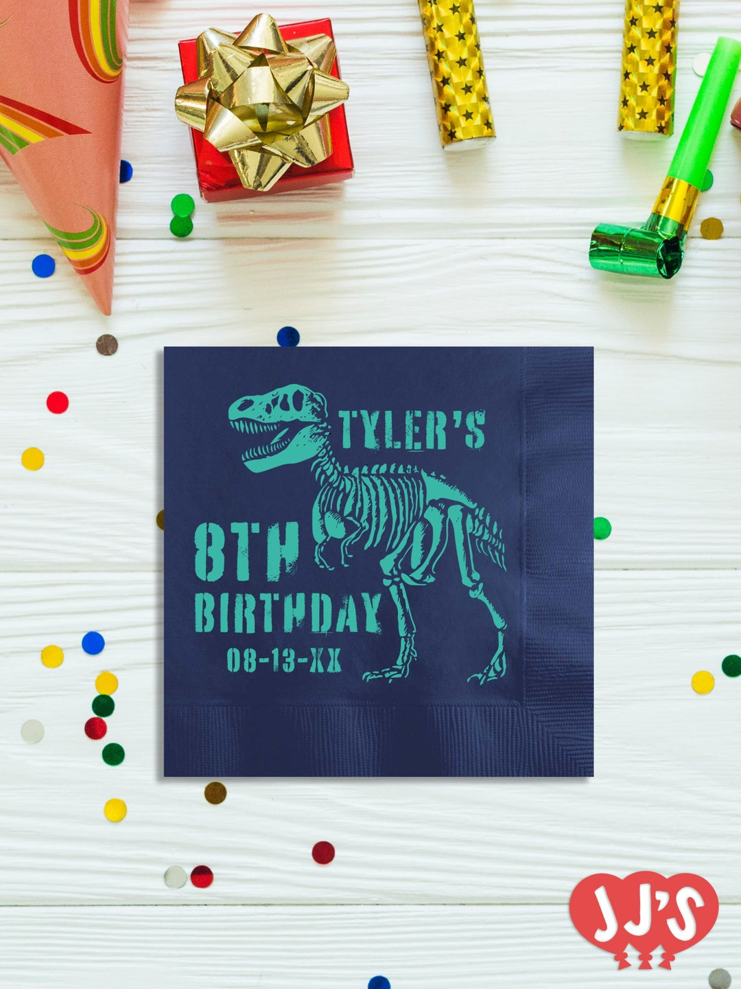 Roar-Some Adventure Personalized Dinosaur Birthday Napkins from JJ's Party House in McAllen, Texas. Featuring a friendly dinosaur on an adventure, these personalized napkins are perfect for Dinosaur first birthday party supplies and will be a hit with your little explorer's guests.