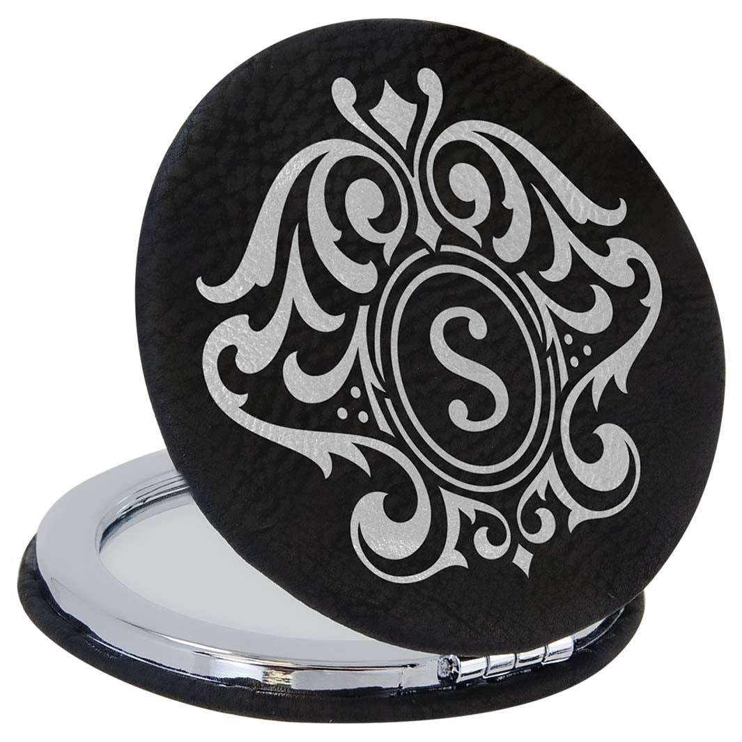 Silver on Black Laserable Leatherette Compact Mirror - JJ's Party House