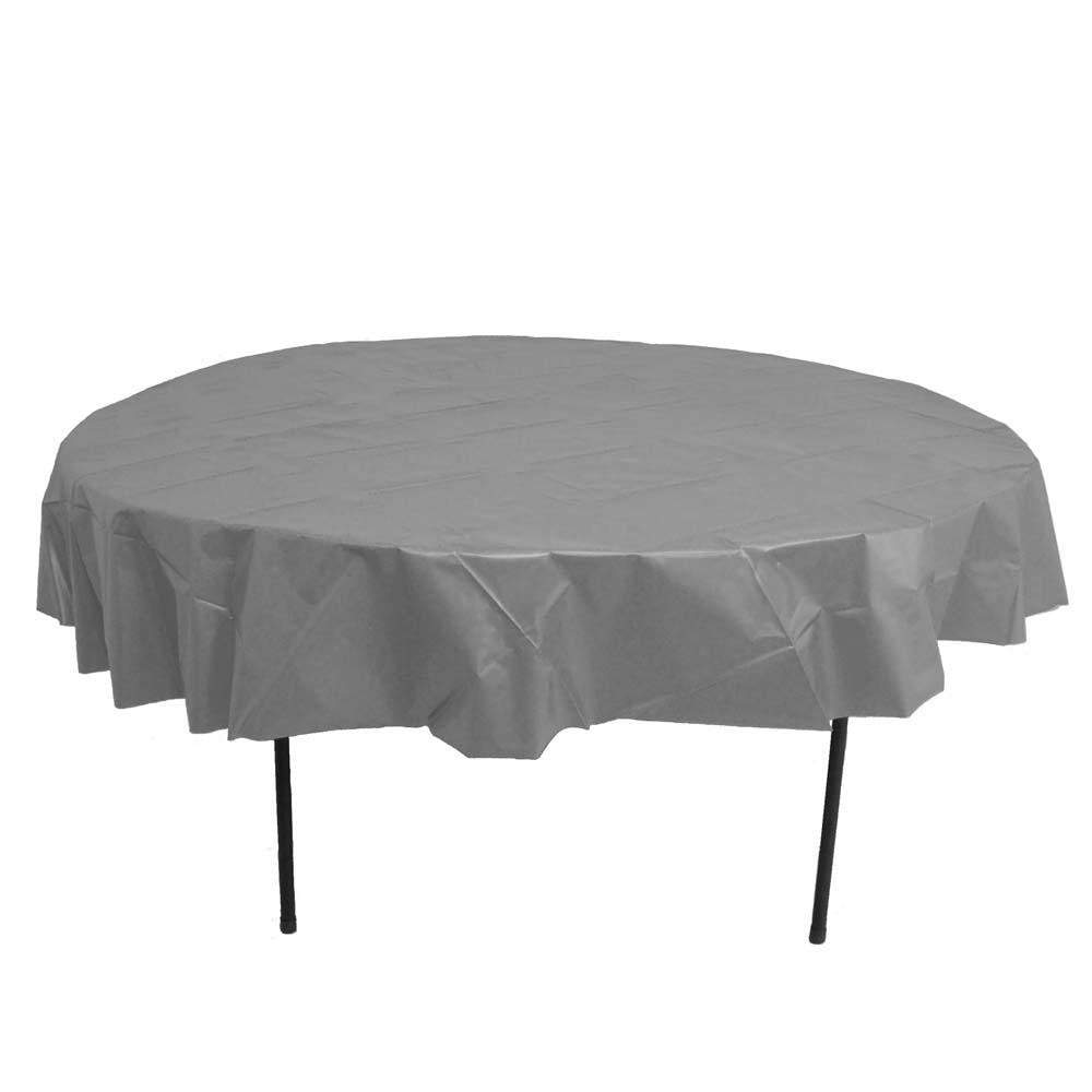 Silver Round Plastic Tablecover 84" - JJ's Party House