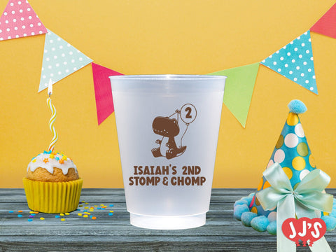 Stomp and Chomp Dinosaur Birthday Party Custom Plastic Cups - JJ's Party House - Custom Frosted Cups and Napkins