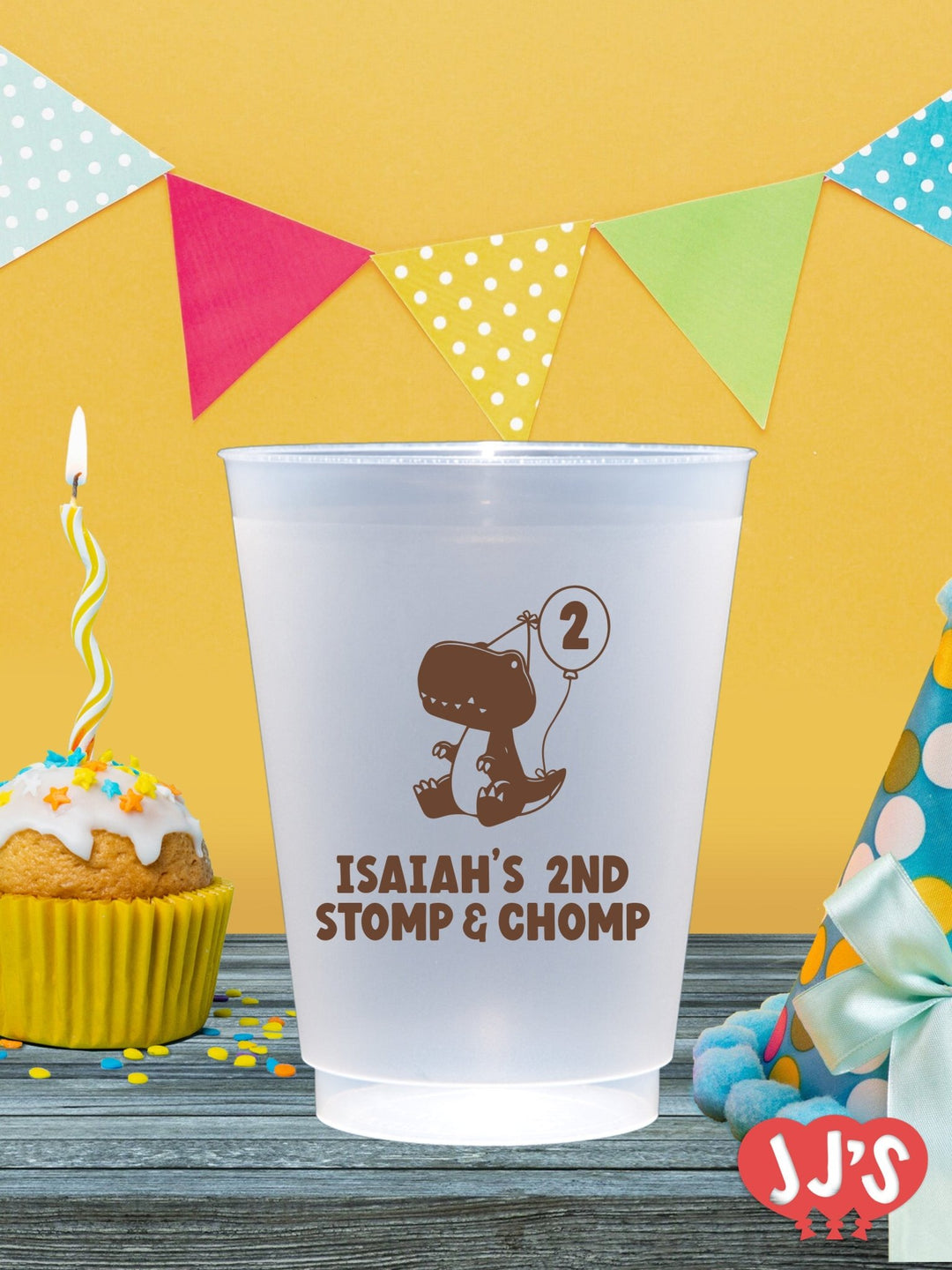 Stomp and Chomp Dinosaur Birthday Party Custom Plastic Cups - JJ's Party House - Custom Frosted Cups and Napkins