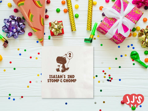 Stomp and Chomp Personalized Dinosaur Birthday Napkins - JJ's Party House - Custom Frosted Cups and Napkins